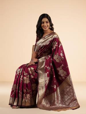Burgundy Ethnic Motifs Zari art Silk Banarasi Saree 5