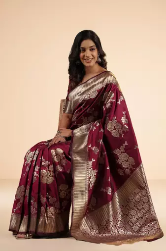 Burgundy Ethnic Motifs Zari art Silk Banarasi Saree