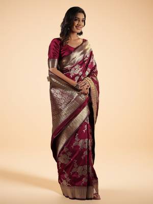 Burgundy Ethnic Motifs Zari art Silk Banarasi Saree 6