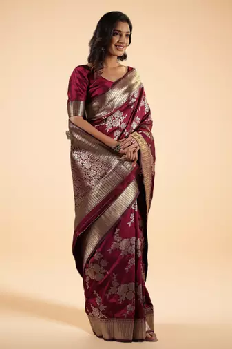 Burgundy Ethnic Motifs Zari art Silk Banarasi Saree