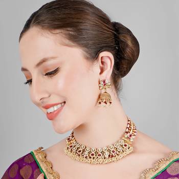 Ruby kundan polki & pearl semi precious necklace set 1