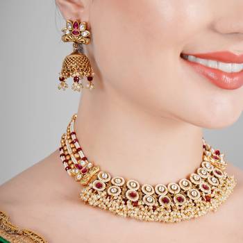Ruby kundan polki & pearl semi precious necklace set 2