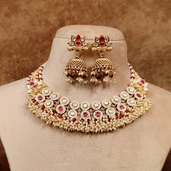 Ruby kundan polki & pearl semi precious necklace set 3