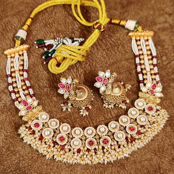 Ruby kundan polki & pearl semi precious necklace set 5
