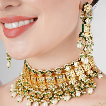 Kundan polki & pearl wedding choker necklace set 2