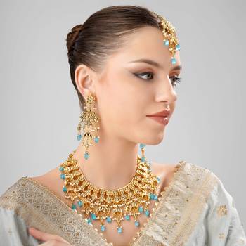 Gorgeous turquoise color kundan polki necklace set 1