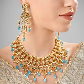 Gorgeous turquoise color kundan polki necklace set 2
