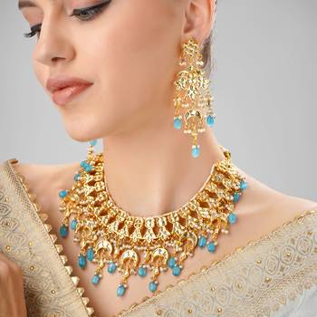 Gorgeous turquoise color kundan polki necklace set 3