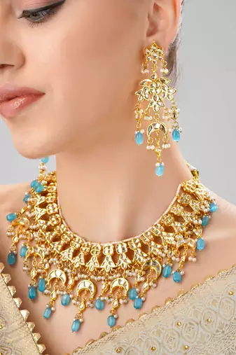 Gorgeous turquoise color kundan polki necklace set