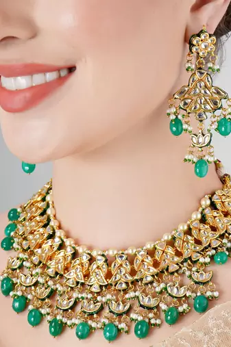 Emerald look kundan polki wedding necklace set