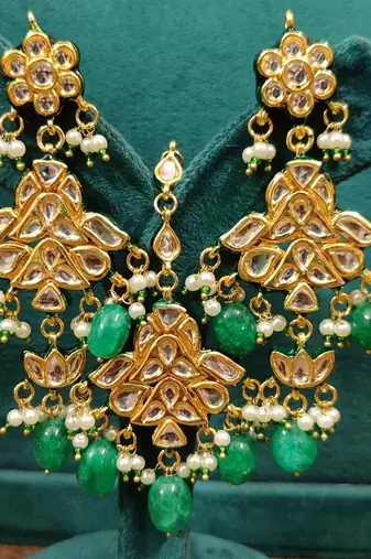 Emerald look kundan polki wedding necklace set