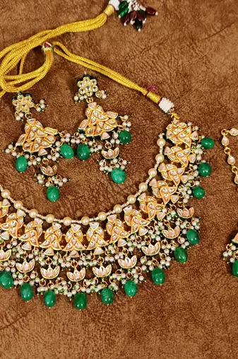 Emerald look kundan polki wedding necklace set
