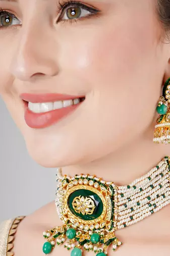 Emerald kundan polki & pearl royal choker necklace