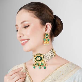 Emerald kundan polki & pearl royal choker necklace 3