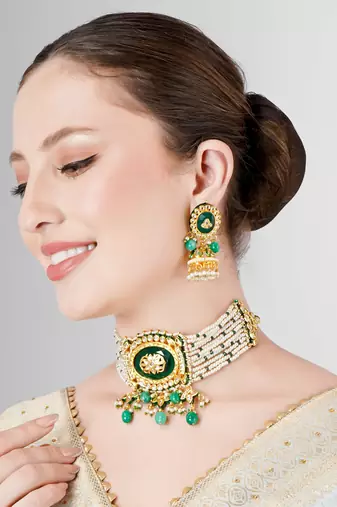 Emerald kundan polki & pearl royal choker necklace