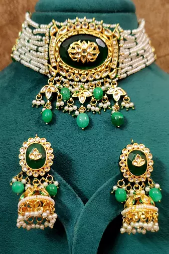 Emerald kundan polki & pearl royal choker necklace