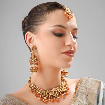 Orange kundan meenakari gold plated necklace set 1
