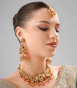 Orange kundan meenakari gold plated necklace set