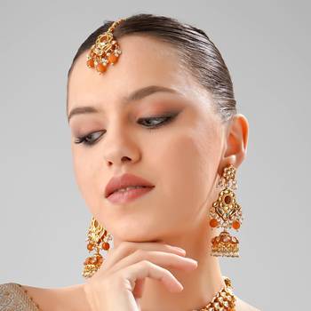 Orange kundan meenakari gold plated necklace set 2