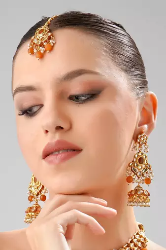 Orange kundan meenakari gold plated necklace set