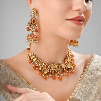 Orange kundan meenakari gold plated necklace set 3