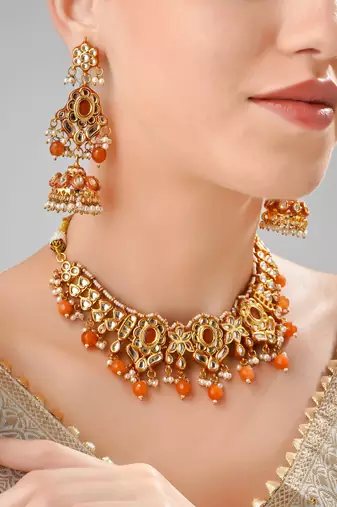 Orange kundan meenakari gold plated necklace set