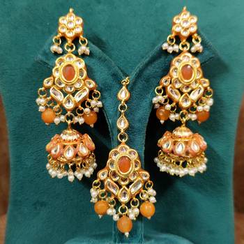 Orange kundan meenakari gold plated necklace set 4