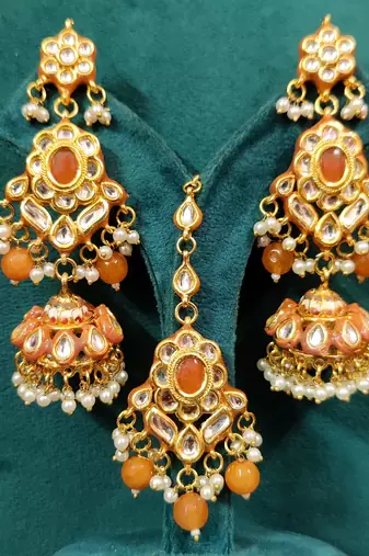 Orange kundan meenakari gold plated necklace set