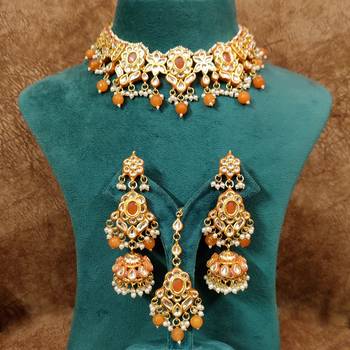 Orange kundan meenakari gold plated necklace set 5