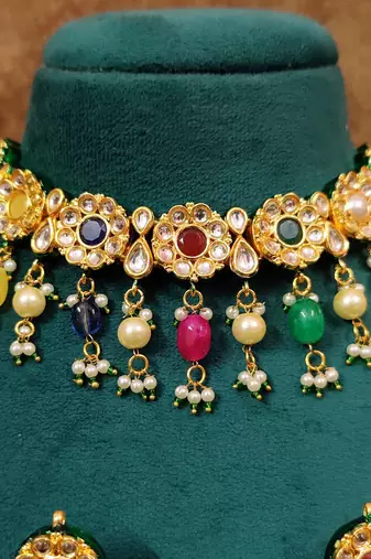 Multicolour navratan look kundan polki necklace set