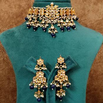 Blue kundan polki gold plated choker set 1