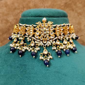 Blue kundan polki gold plated choker set 2