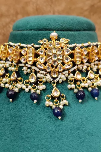 Blue kundan polki gold plated choker set