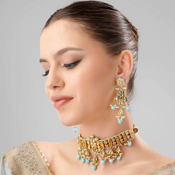 Turquoise kundan polki gold plated choker set 1