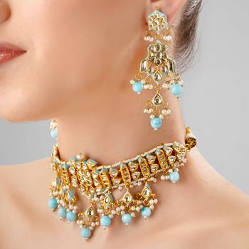 Turquoise kundan polki gold plated choker set 2