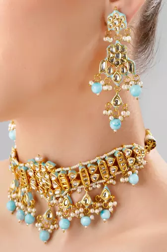Turquoise kundan polki gold plated choker set