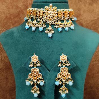 Turquoise kundan polki gold plated choker set 3