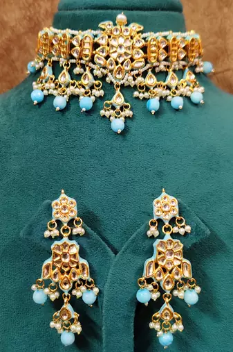 Turquoise kundan polki gold plated choker set