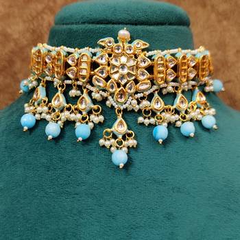 Turquoise kundan polki gold plated choker set 4