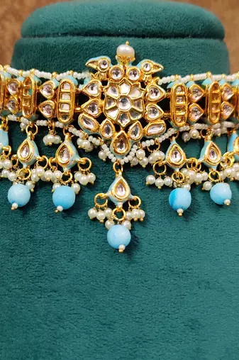 Turquoise kundan polki gold plated choker set