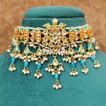 Blue kundan meenakari & pearl choker set 2