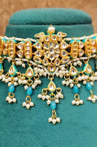 Blue kundan meenakari & pearl choker set