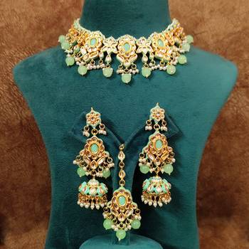 Mint green kundan polki wedding necklace set 1