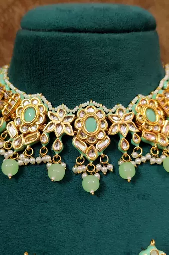 Mint green kundan polki wedding necklace set