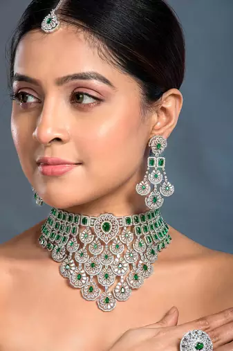 Bridal Cz Wedding Necklace set- Green  