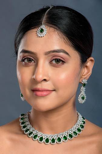 American Diamond Green Necklace Set For bridal