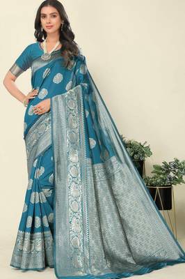 Blue Woven Silk Blend Saree With Blouse 1