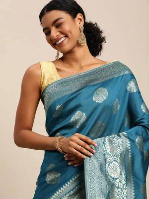 Blue Woven Silk Blend Saree With Blouse 2