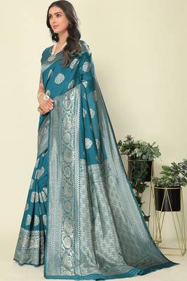 Blue Woven Silk Blend Saree With Blouse 4