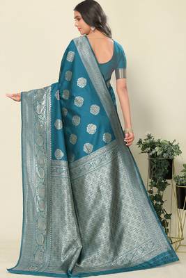 Blue Woven Silk Blend Saree With Blouse 6